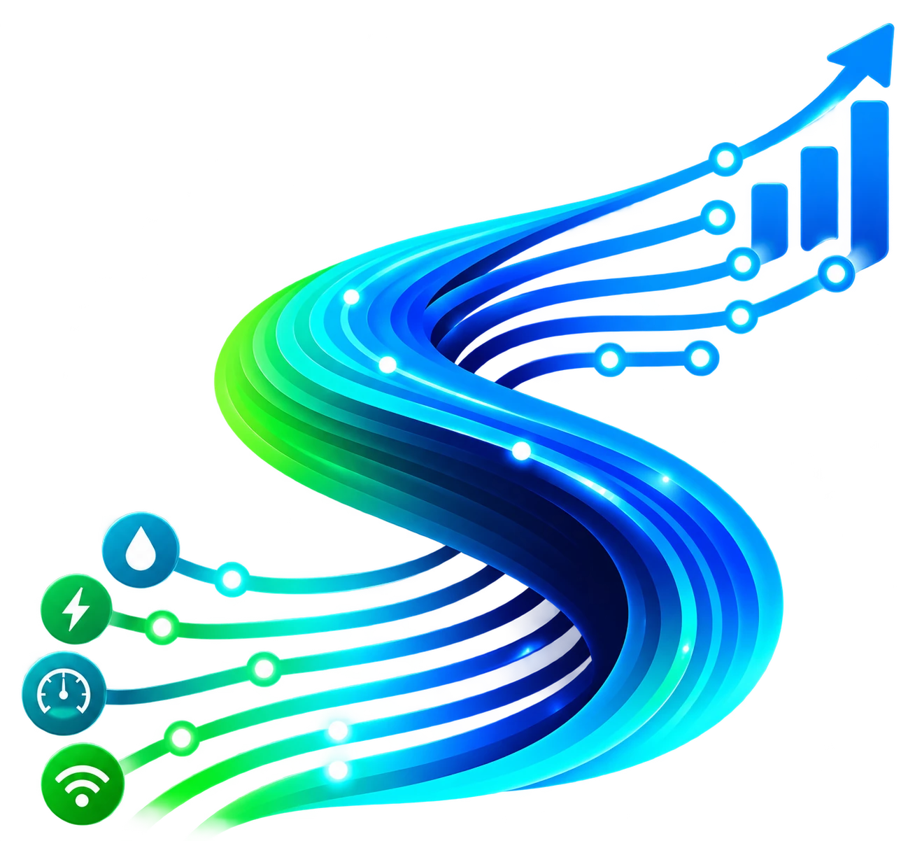 Meter and sensor signals (water, power, flow, connectivity) merging into a single stream that rises as a revenue growth chart